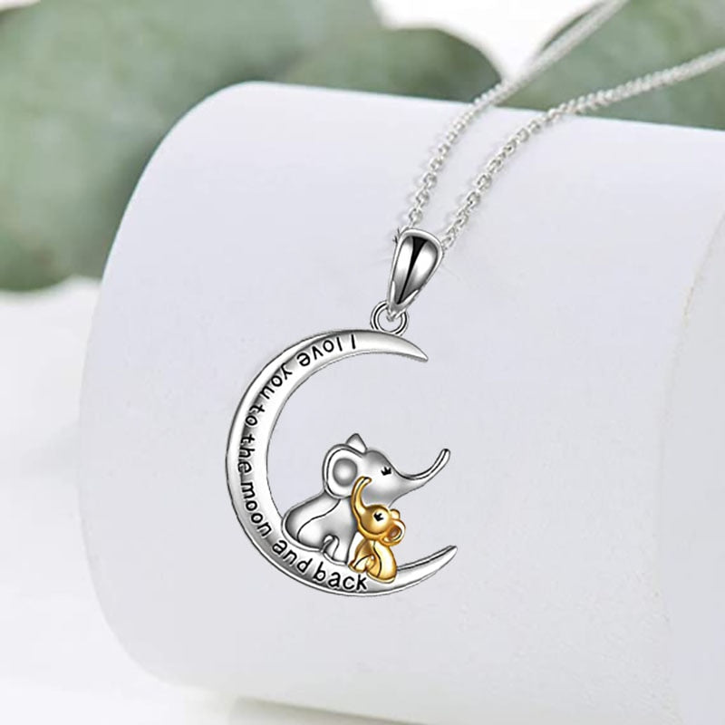 Elephant Mother and Child Necklace Moon