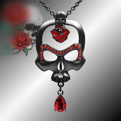 Skull And Red Rose Necklace