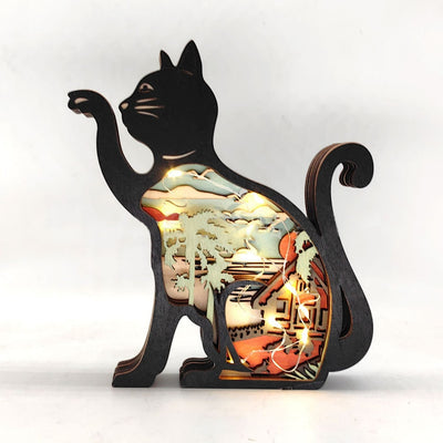 Wooden Cat Carved Figurine Led Light