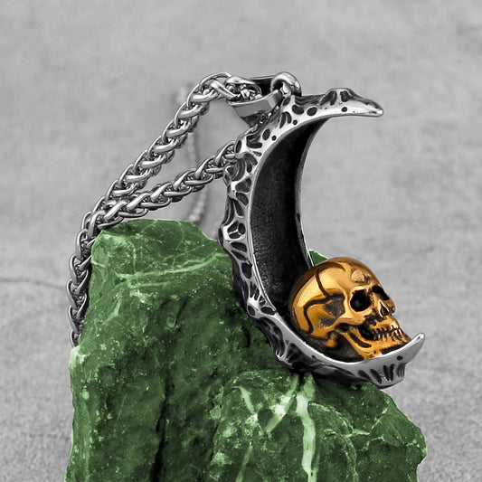 Gothic Gold Skull On The Moon Necklace