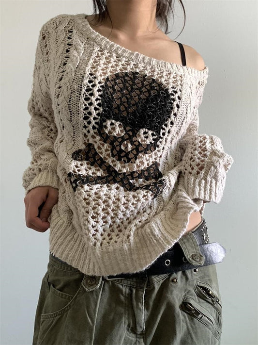 Skull Sweater Long Sleeve Off Shoulder