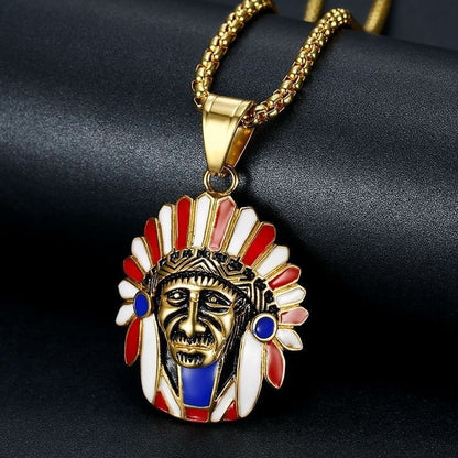 Native Titanium Steel Gold Plated Indian Chief Pendant Necklace