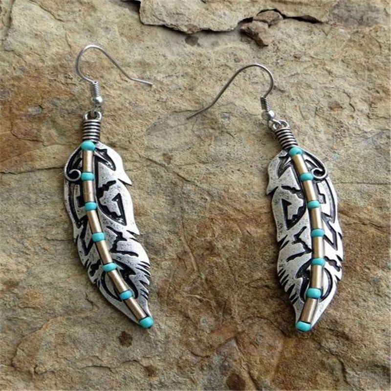 Native Vintage Metal Leaf Feather Long Dangle Earrings Silver Color Hook