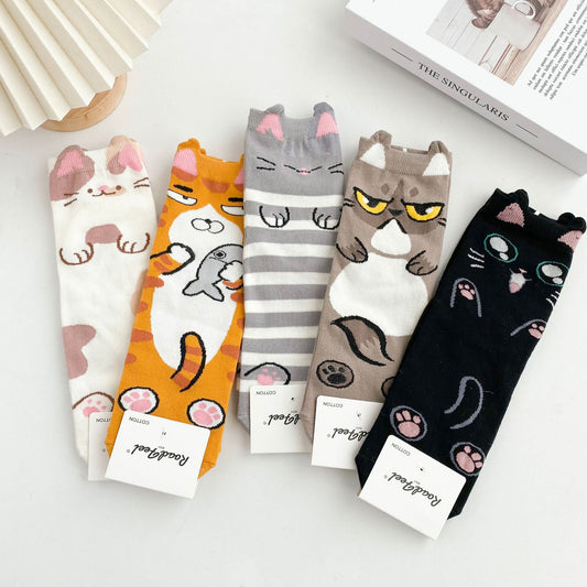 Cartoon Cat Cotton Socks Set 5 Pairs