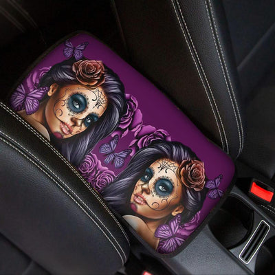 Skull Purple Girl Butterfly Car Center Console Cover Car Accessories