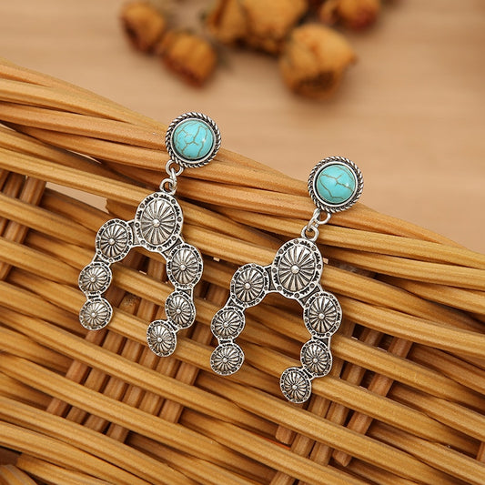 Native Blossom Stamped Metal Earrings Silver Tone Turquoise