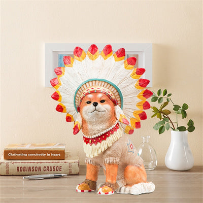 Native Indian Cute Shiba Inu Cats Boy Statue Figurines Decoration