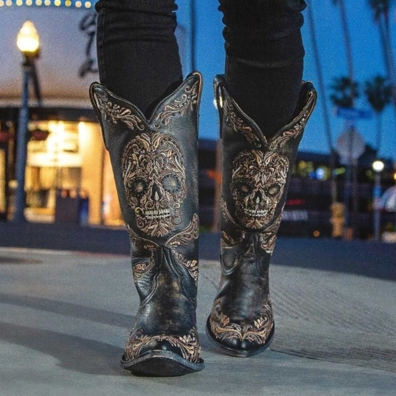 Skull Boots Black Cowboy Boots Women