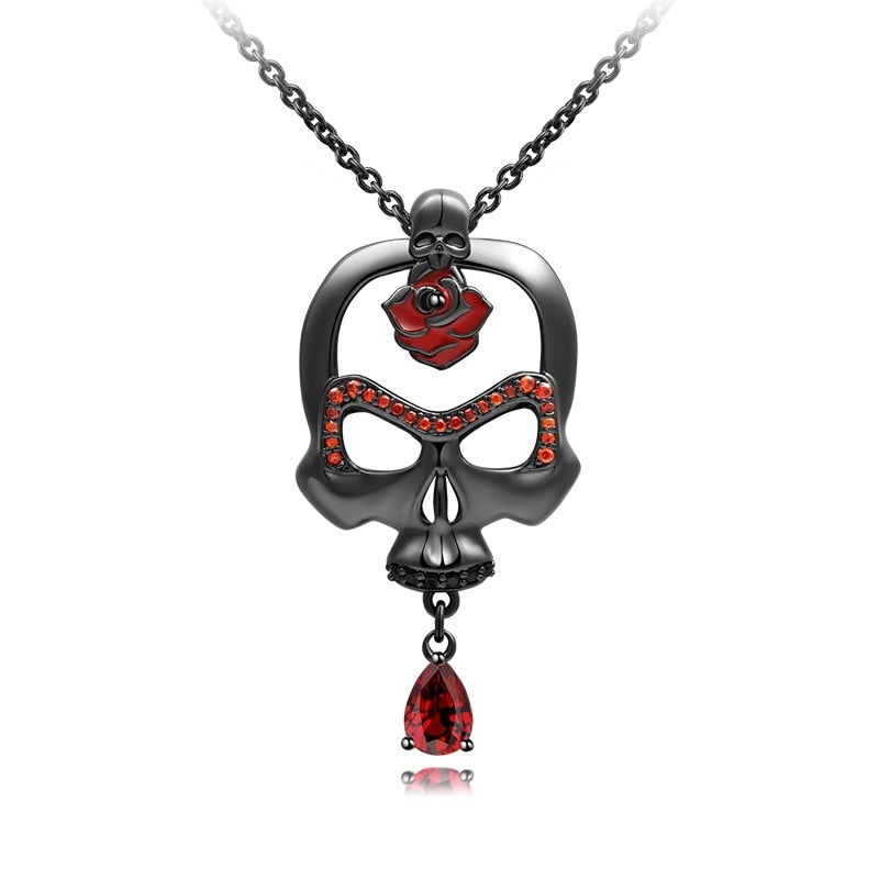 Skull And Red Rose Necklace