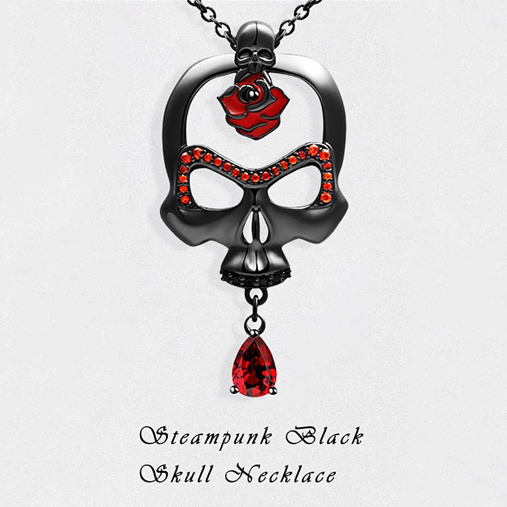 Skull And Red Rose Necklace