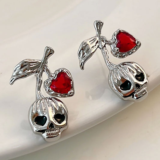 Orange Red Heart Skull Earrings