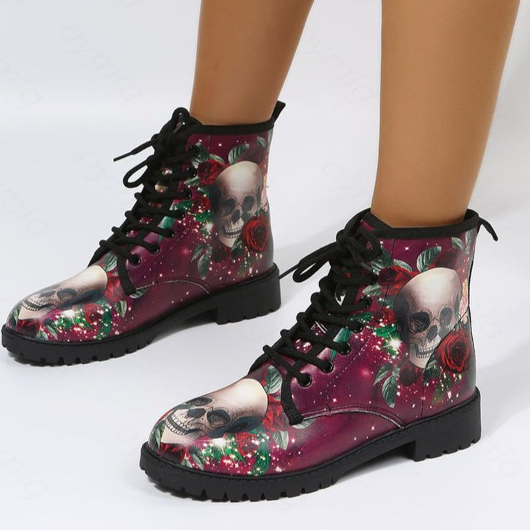 Skull Red Rose Flower Boots