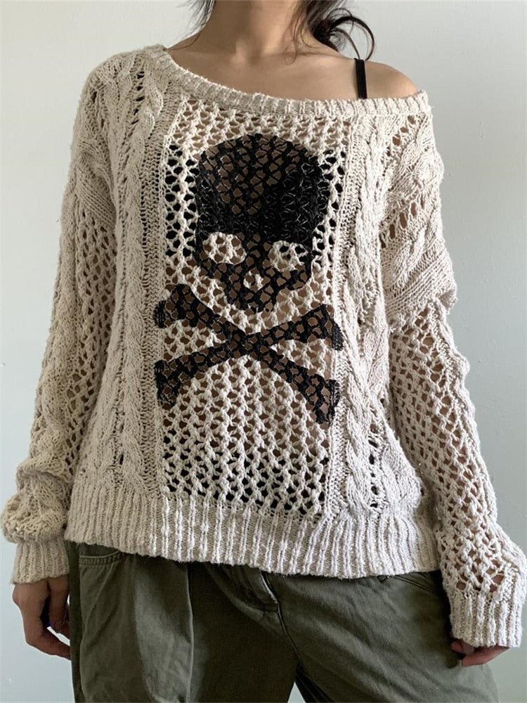 Skull Sweater Long Sleeve Off Shoulder