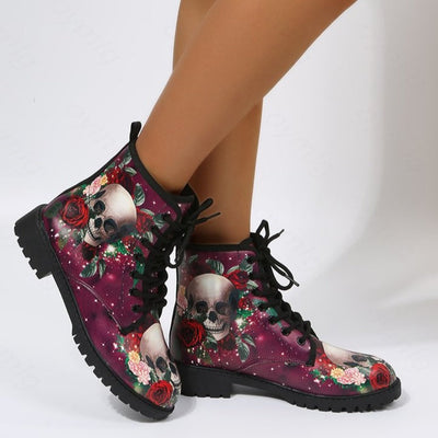 Skull Red Rose Flower Boots