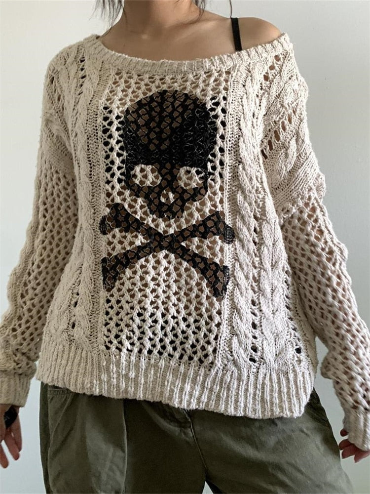 Skull Sweater Long Sleeve Off Shoulder