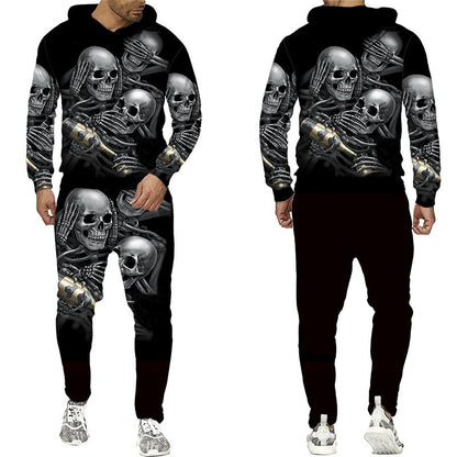 No Evil Skull Zipper Hoodie Pants Two Items Set