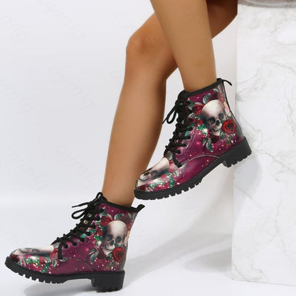 Skull Red Rose Flower Boots