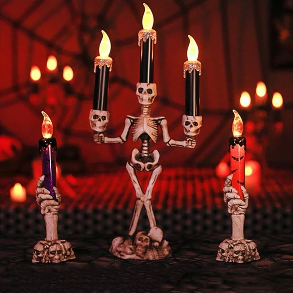 Halloween LED Lights Skull Holding Candle Lamp