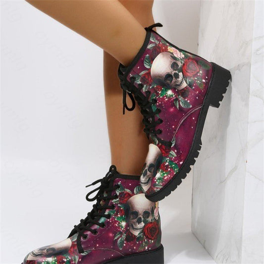 Skull Red Rose Flower Boots