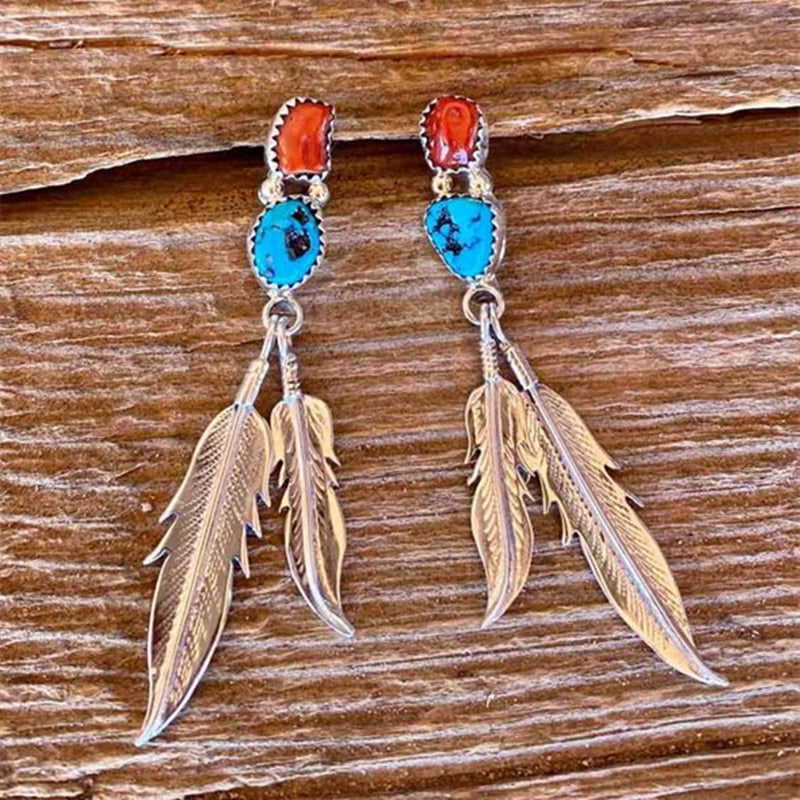 Turquoise Feather Native Earrings