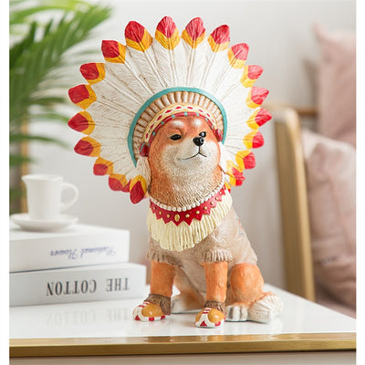 Native Indian Cute Shiba Inu Cats Boy Statue Figurines Decoration