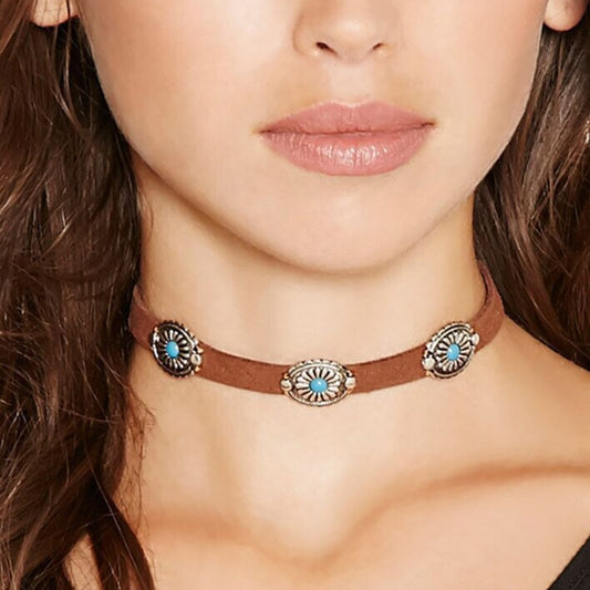 Native Ethnic Vintage Leather Choker Necklace